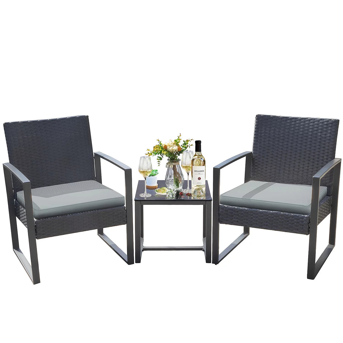3 Pieces Cushioned PE Rattan Bistro Chairs Set of 2 with Coffee Table M9216