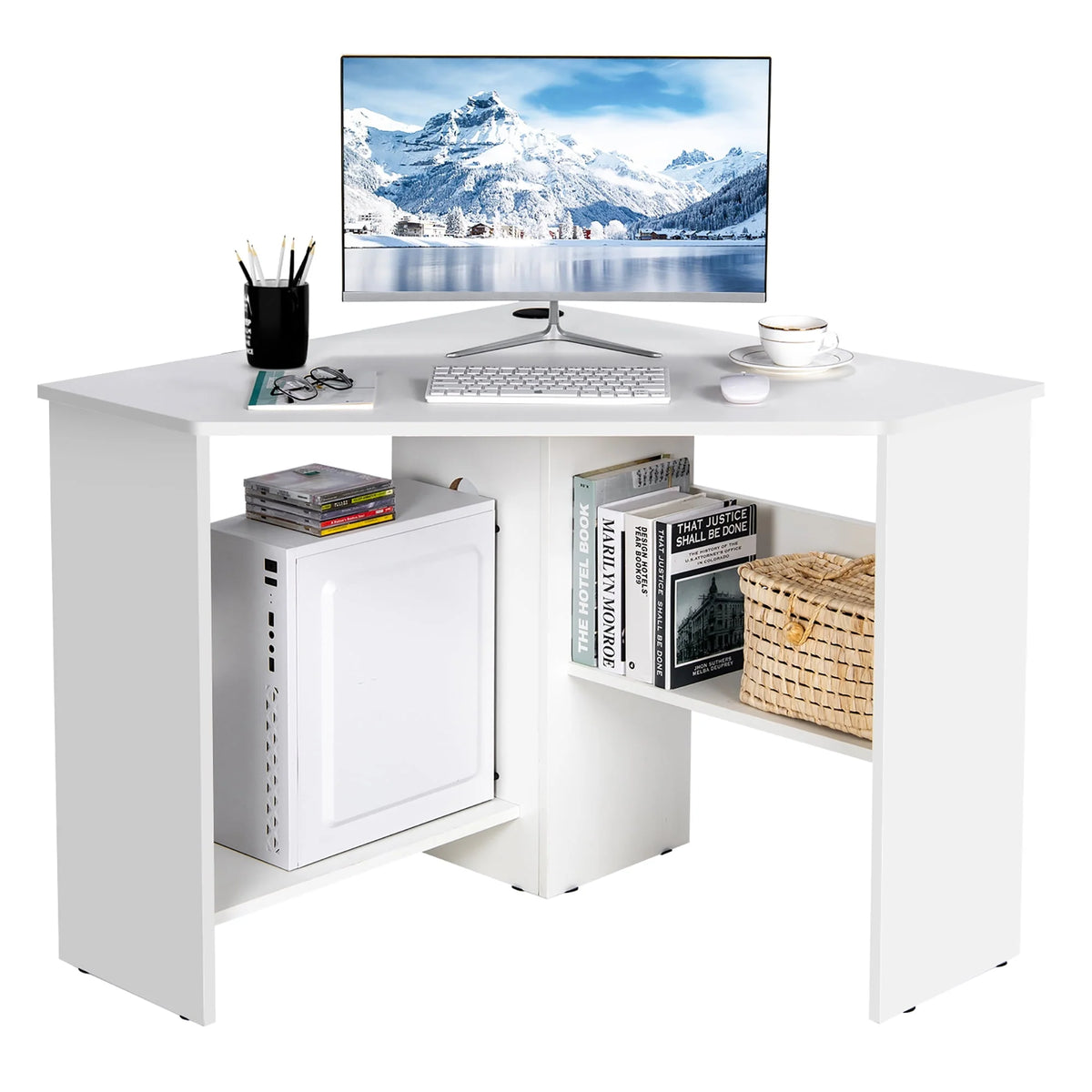 Corner Computer Desk with Storage Shelf F64866