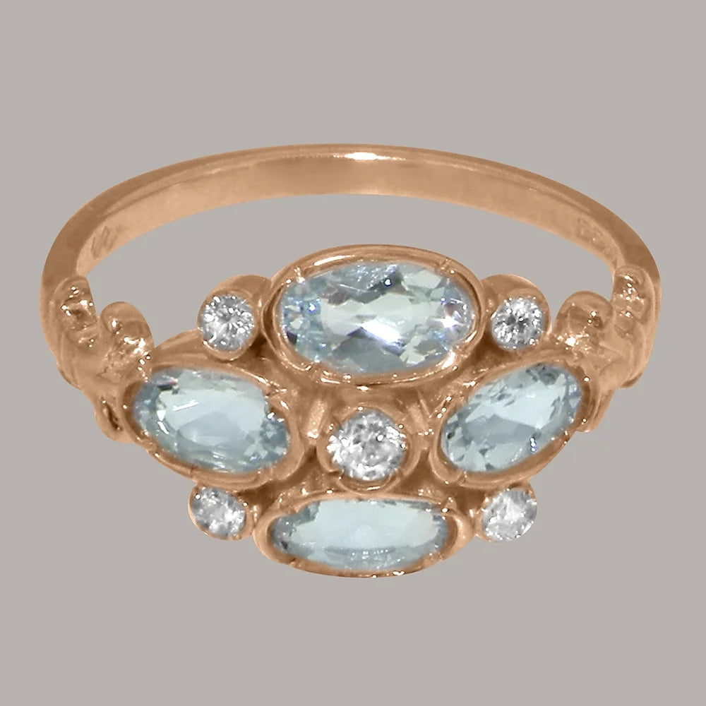 14k Rose Gold Diamond & Aquamarine Womens Ring Y446