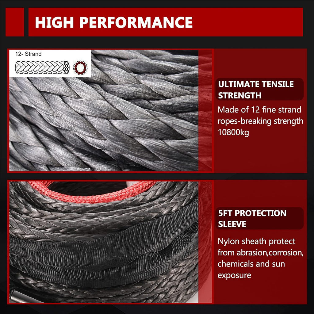 Synthetic Winch Rope 3/8 x 85', 25000 lbs with Protective Sleeve, Black U7549