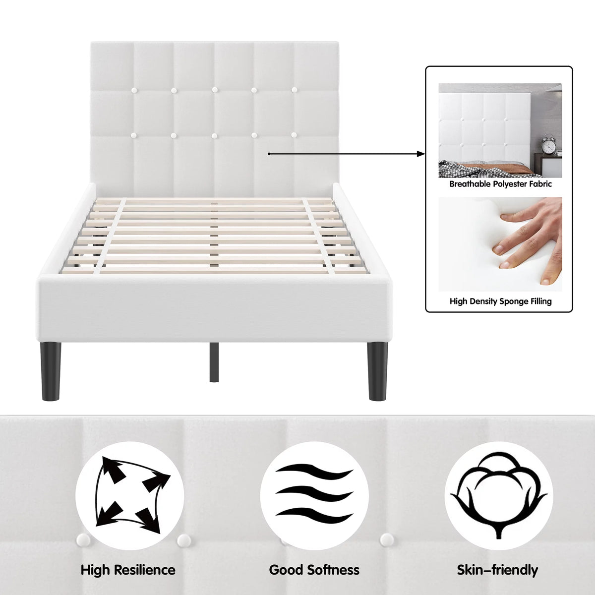 Twin Upholstered Bed Frame with Tufted Headboard Beige Z777