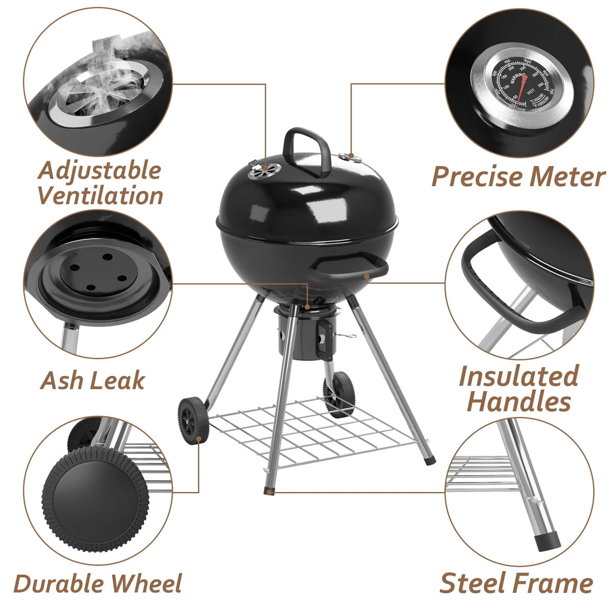 Black 29” Barrel Outdoor Charcoal Grill with Side Shelf and Wheels K380375