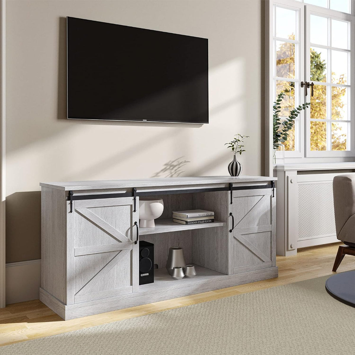 52 Inch TV Stand with Sliding Barn Door and Storage Cabinets (Espresso) I331704