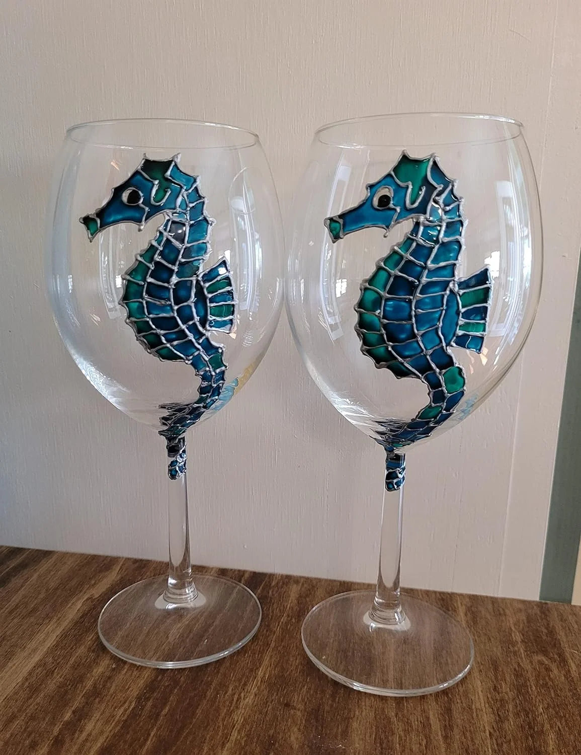 Blue Green Hand Painted Wine Glasses Set Of 2 Q390