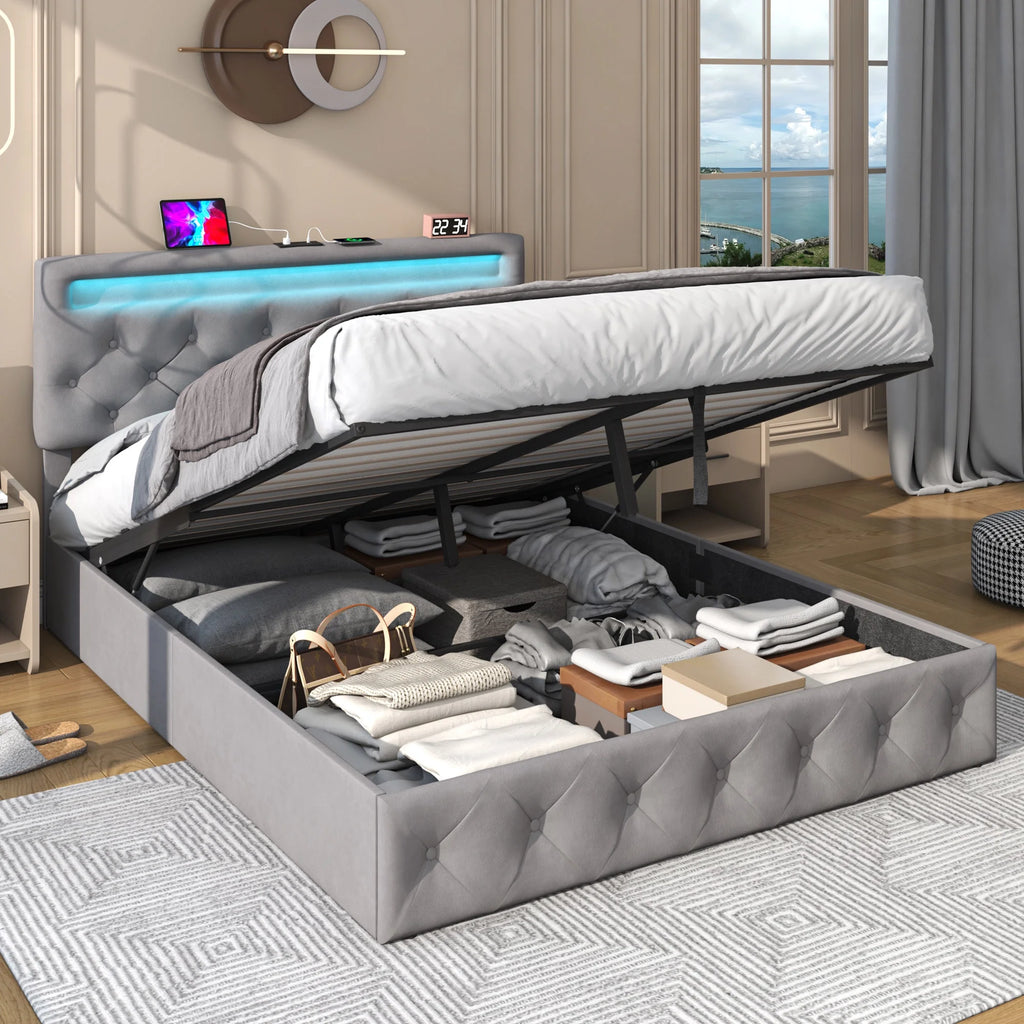 Queen Lift Up Velvet Storage Bed Frame with LED Light & Power Outlets V156444