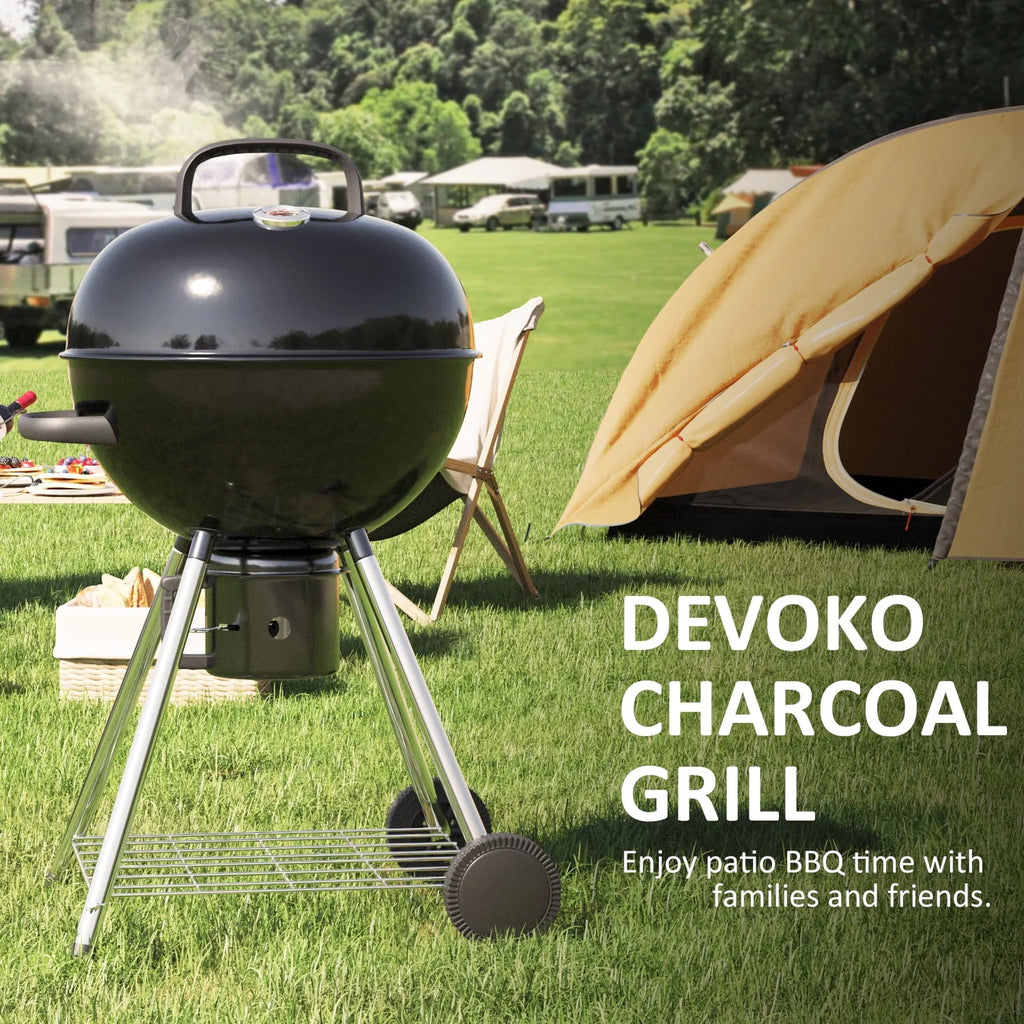 Black 29” Barrel Outdoor Charcoal Grill with Side Shelf and Wheels K380375