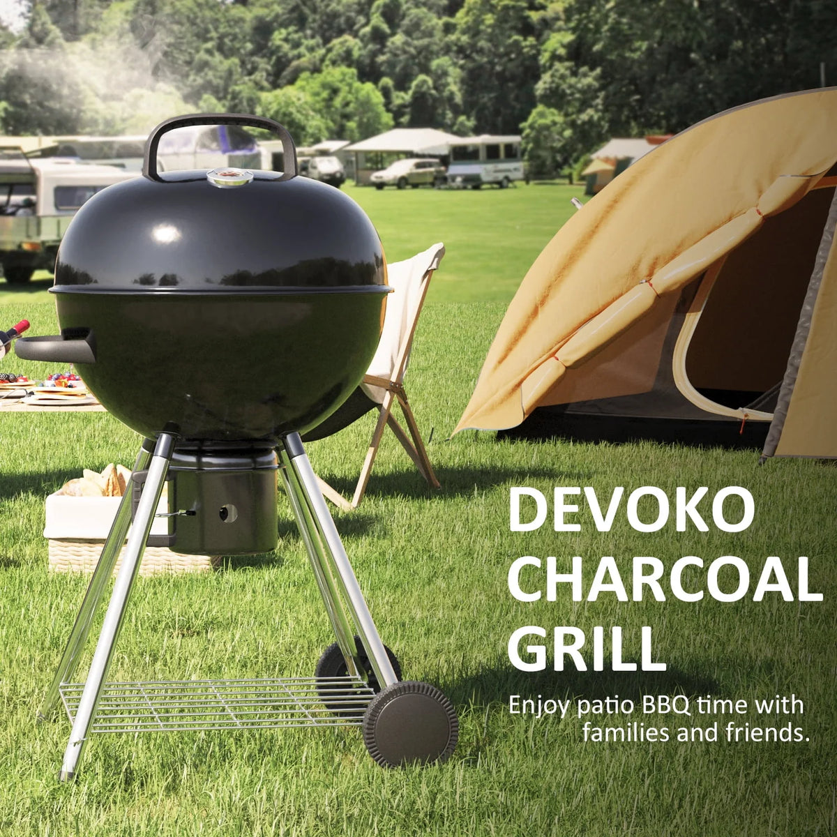 Black 29” Barrel Outdoor Charcoal Grill with Side Shelf and Wheels K380375