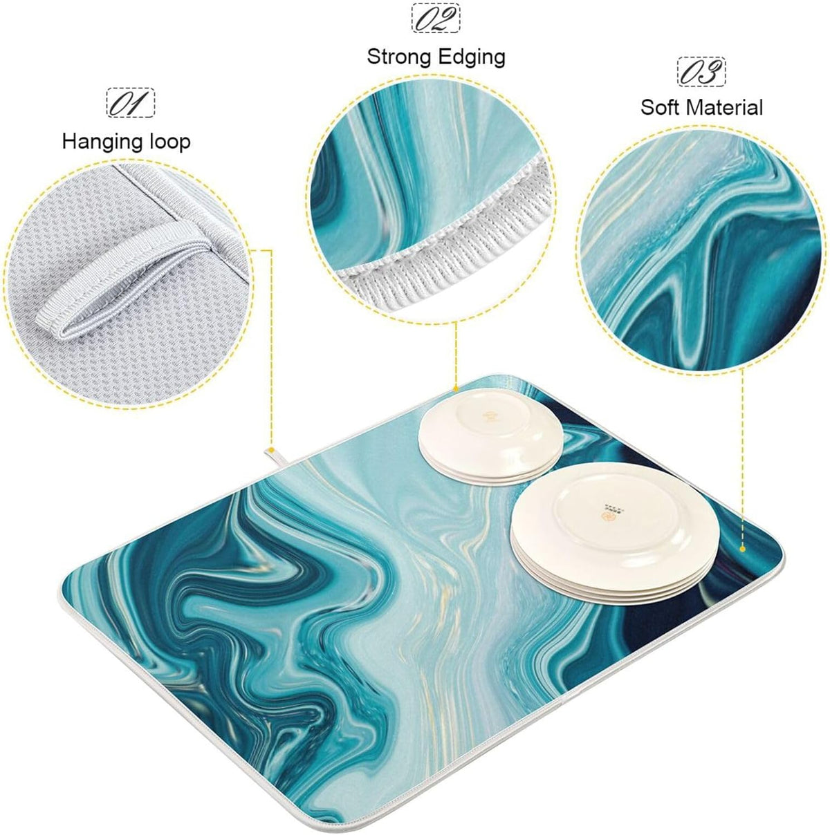 Blue Abstract Marble Dish Drying Mat, 16x18Inch Q646