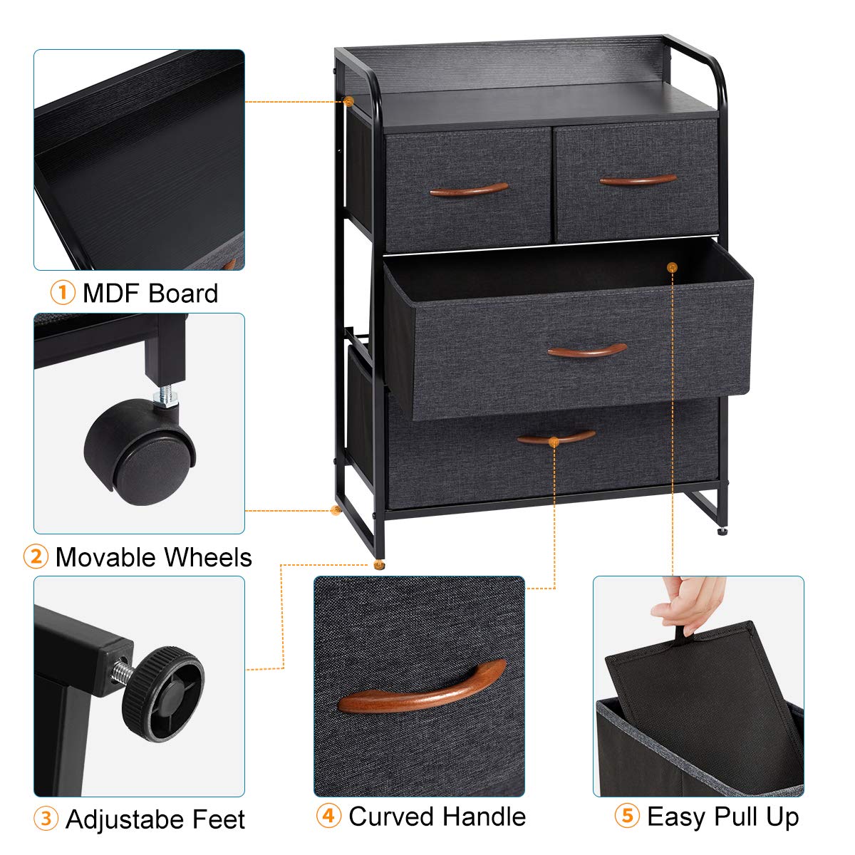 Grey 9 Drawer Fabric Dresser with Steel Frame and Wooden Top U99074