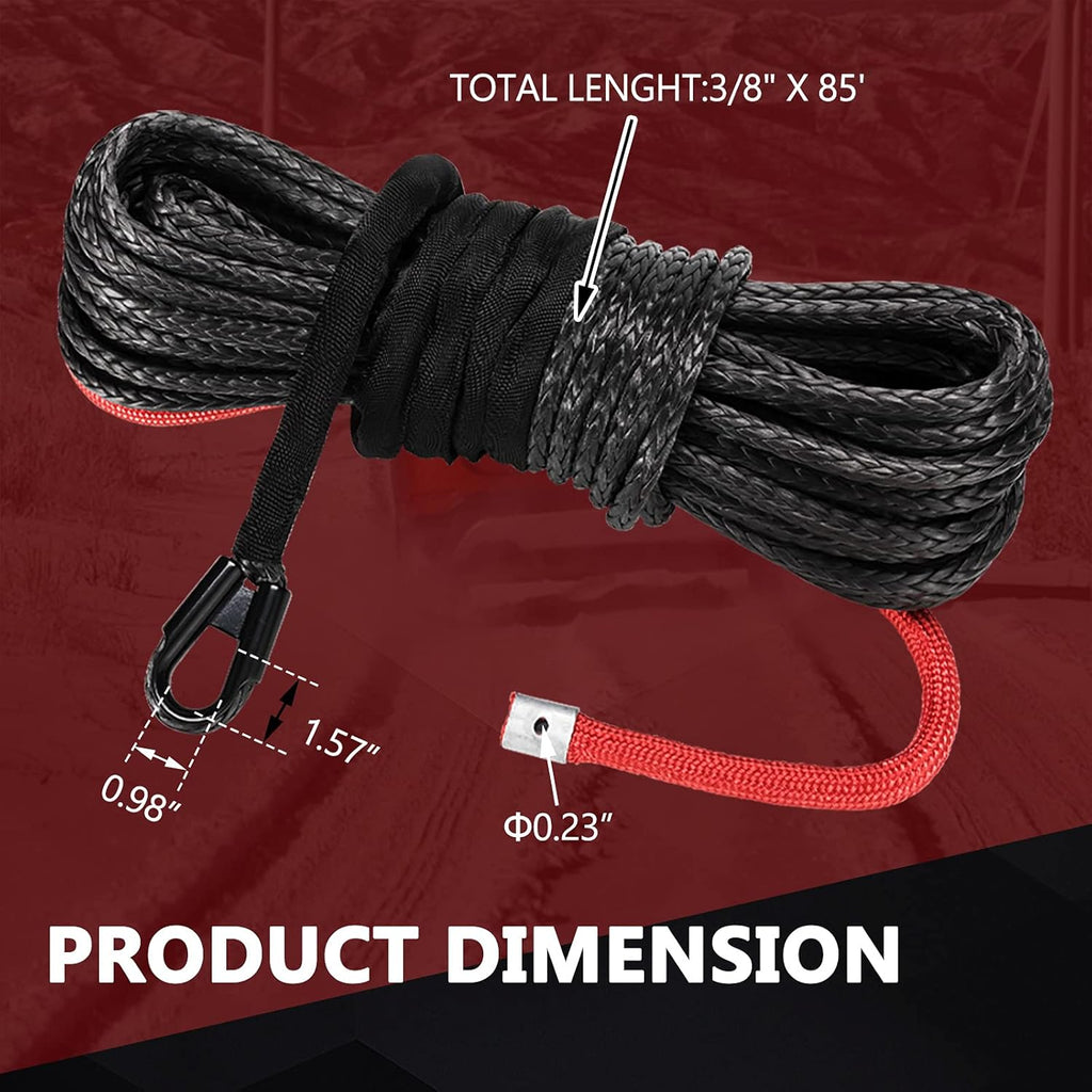 Synthetic Winch Rope 3/8 x 85', 25000 lbs with Protective Sleeve, Black U7549